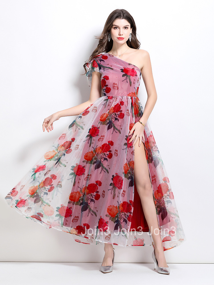 2615 Spring/Summer New Womens Clothing Style Vacation Style Flower Slant Shoulder Large Swing slit Long Dress
