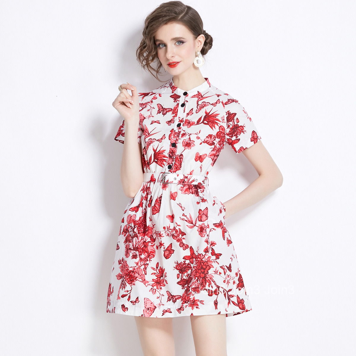 5821 Summer New Womens Fashion Slim Waist Elegant Fashion Printed Short Sleeve Short Dress