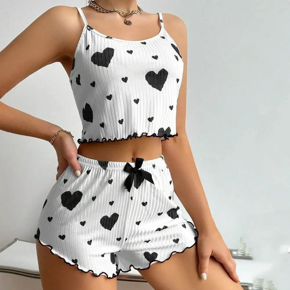 Summer Thin Pajamas Solid Color Polyester Leisure Suit Homewear Set Sling Shorts Ladies 250717