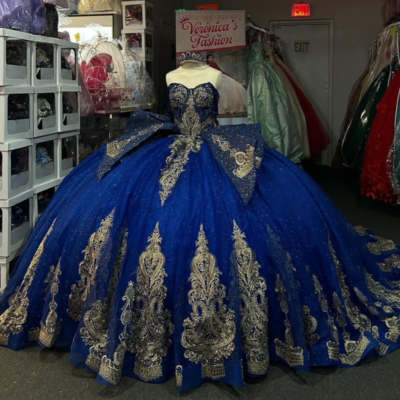 Royal Blue Shiny Quinceanera Dresses Ball Gown Off The Shoulder Gold Applique Lace Beading Tull Party Birthday Sweet 16 Dress Vestidos 15 anos