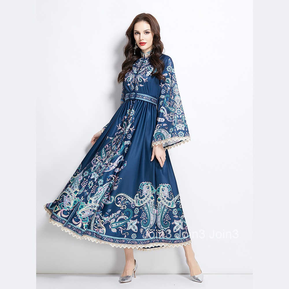 2713 Spring Summer Vacation Ethnic Style Floral Lace Patchwork Long Stand Collar Dress