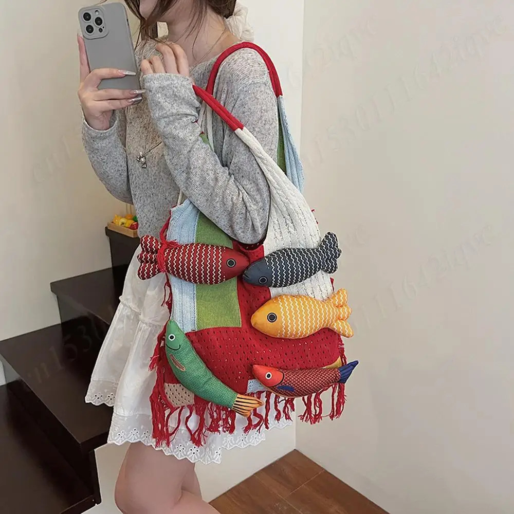 Crochet Summer Handbag Women Patchwork Large Capacity Shoulder Boho Style Cute Knitted Beach Tote Bag with Handmade Doll Fish 250717
