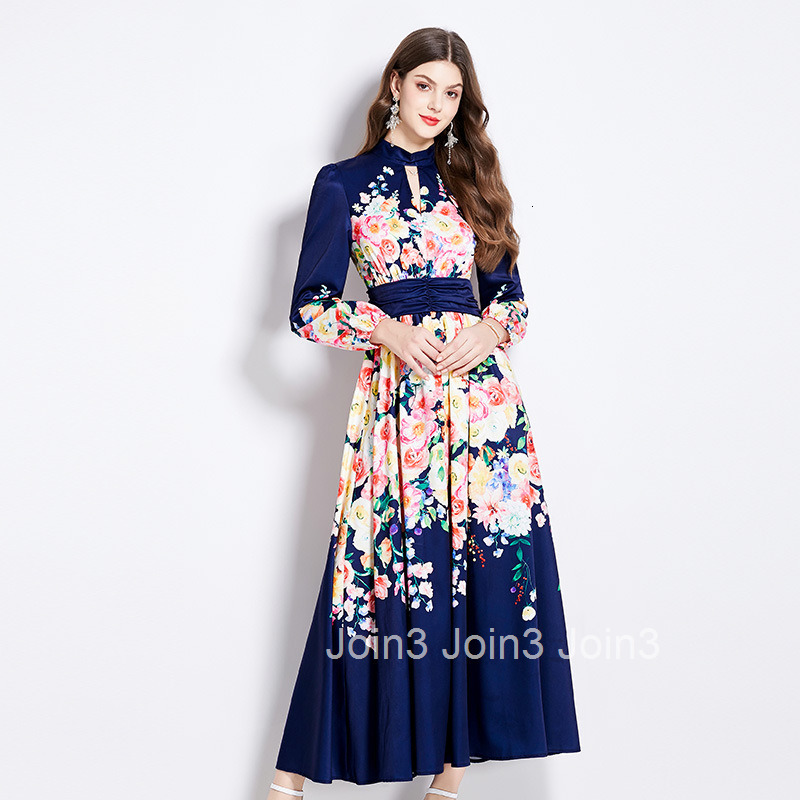 2546 Spring and Autumn New Womens Elegance Style Printed Dress Long Skirt with Temperament Waist cinching and slimming Dress