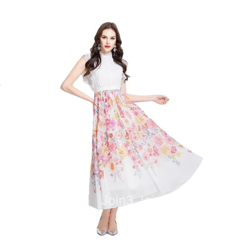 2725 Spring Summer Vacation New Style Painted Oil Painting Style Lace Stitching Long Dress