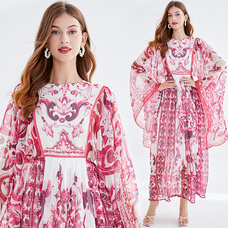 490 Autumn Womens Blue and White Porcelain Print Round Neck Flared Long Sleeve Loose A-line Dress Long Dress