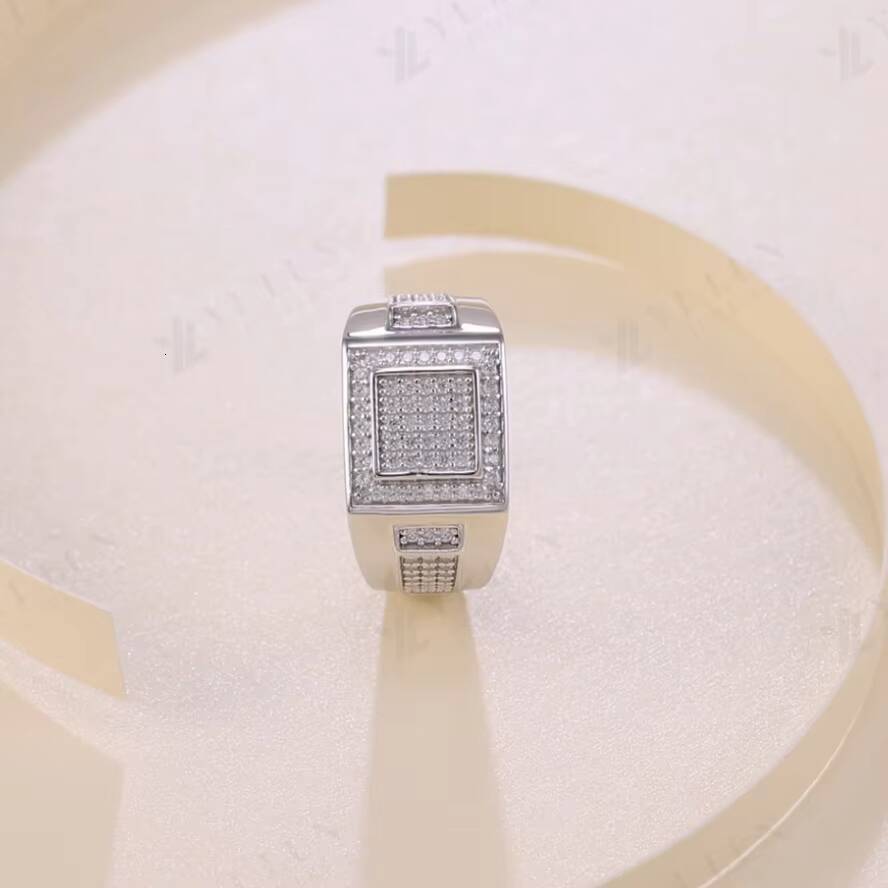Hip Hop Mens Sterling Silver Square Moissanite Ring Luxury Design Micro Pave Setting Moissanite Men Ring Jewelry for Groomsmen