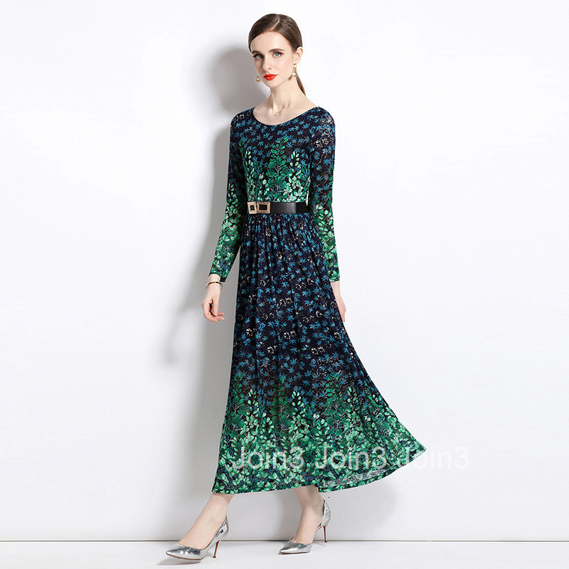 557 Autumn Winter New Womens Fashion Elegant Printed Long Sleeve Lace Flared Long Dress