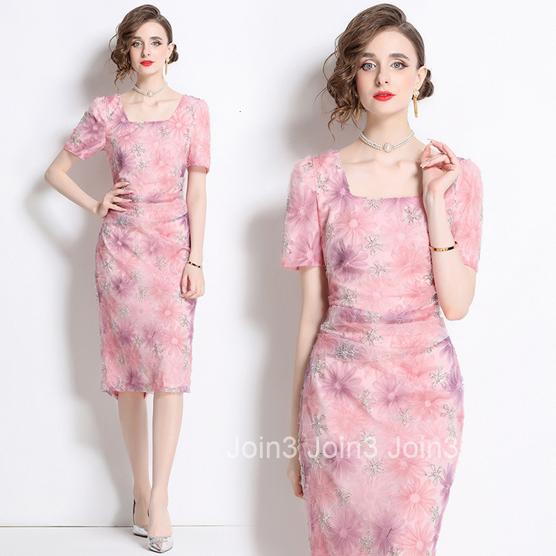 8736 Summer New Womens Fashion Diamond Set Temperament Slimming Medium Long Dress