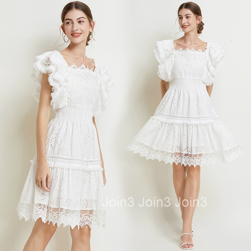 7701 Summer New Womens Fashion Elegant Solid Color Flutter Sleeve Square Neck Fashion Lace Trim Dress
