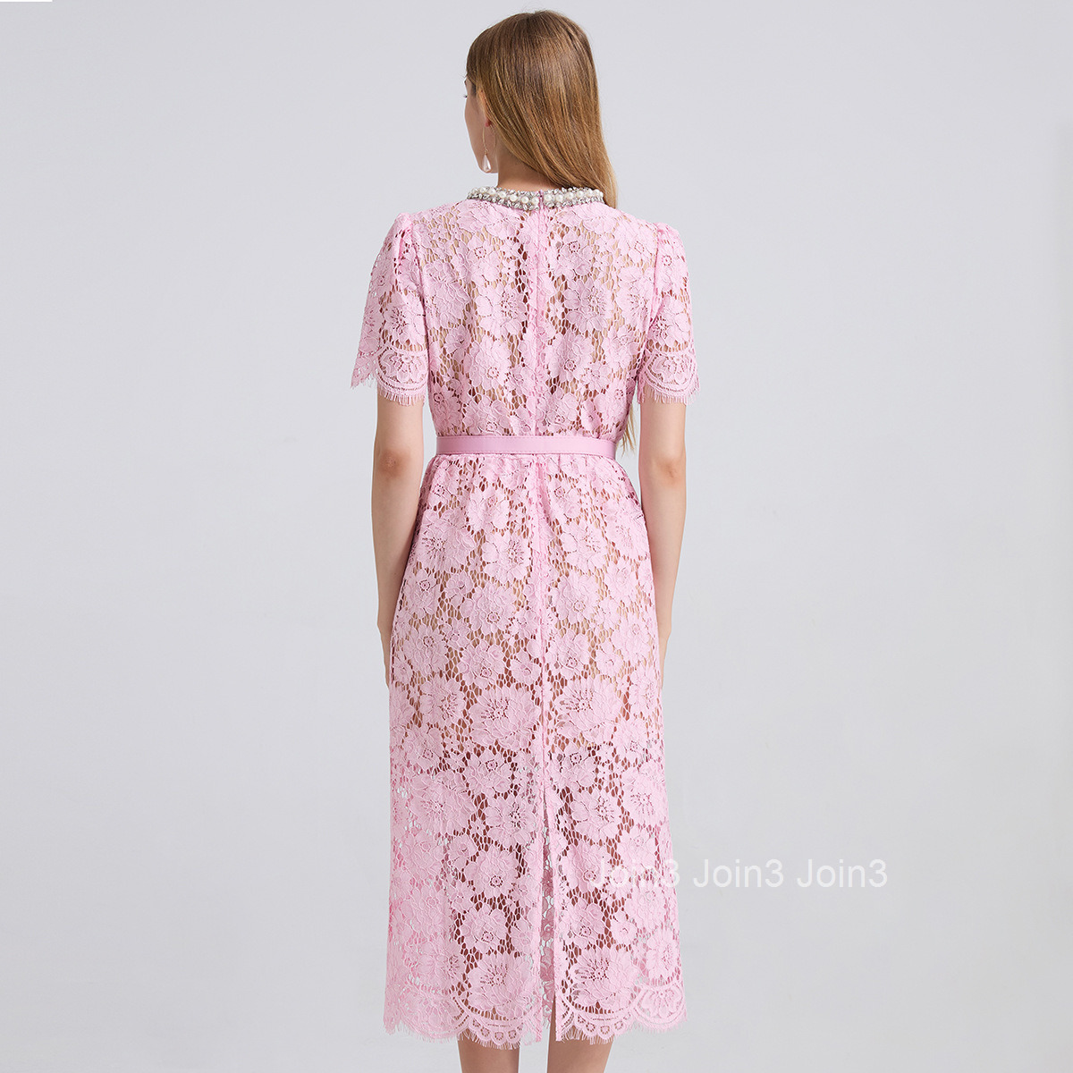 796 Pink Lace Round Neck Rhinestone High Waist Slim Fit Dress Bodycon Eyelash Dress