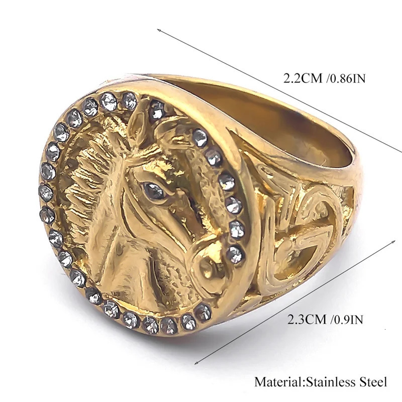 Hip Hop Punk Horse Head Ring for Women Men Stainless Steel Shiny Rhinestone Gold Color Horsehead Finger Rings Jewelry RRR541S03 250717