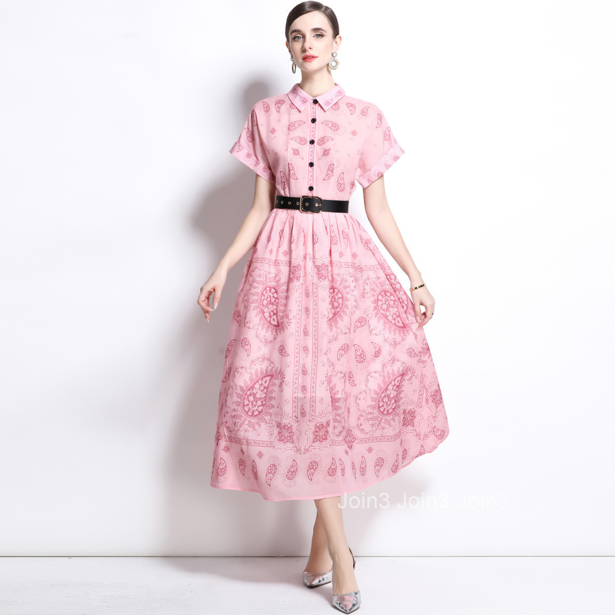 1685 Spring/Summer New Womens Style Printed Collar Short sleeved Long Skirt Dress (with Belt)