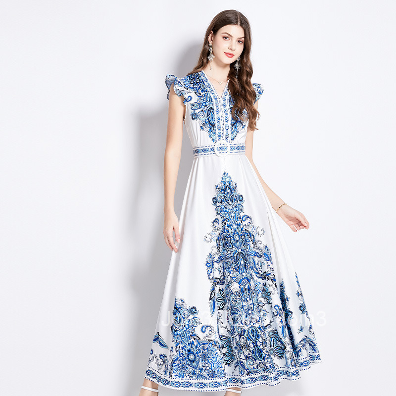 2518 Spring Summer New Womens Ethnic Style Elegant Printed Small Flutter Sleeve Flared Long Dress