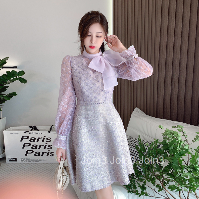 6966 autumn new womens clothing temperament nail bead mesh embroidered bow slim fit short skirt dress