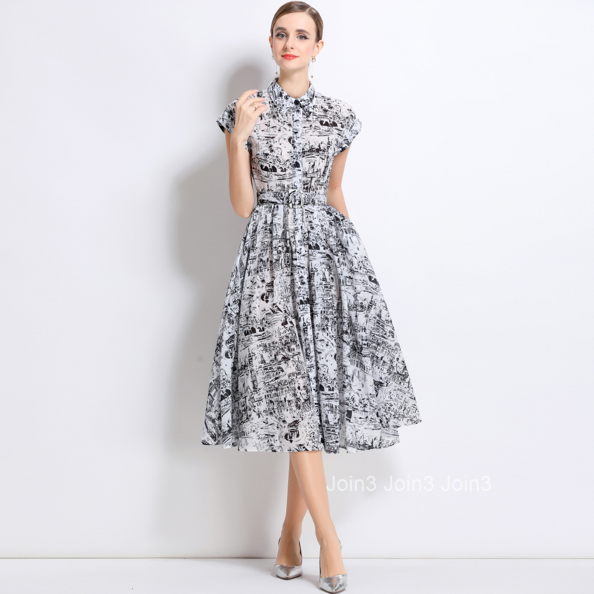 1701 Summer New Printed Short Sleeve Shirt with Belt Mid-Length Dress