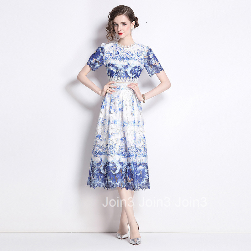 536 Summer New Womens Fashion Elegant Slim Hollow Water-Soluble Lace Printed Mid-Length Dress