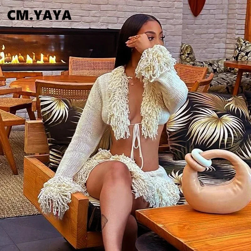CMYAYA Women Knitted Mini Skirt Sets VNeck Long Sleeve Tassel Crop Top Fall Streetwear Sexy Party Two 2 Piece Outfits 250717