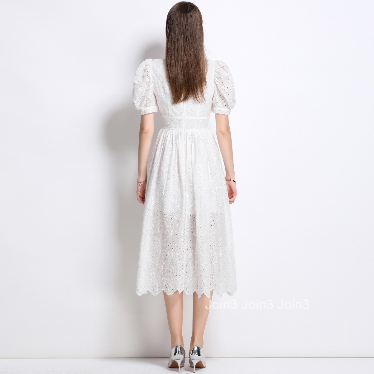 9607 French Collar Lantern Sleeve Dress for Women Single-Breasted Hollow Out Long Skirt