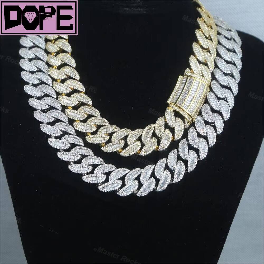 22mm Heavy Cuban Link Chain Necklace Baguette 925 Silver Hiphop VVS Iced Out Moissanite Chain