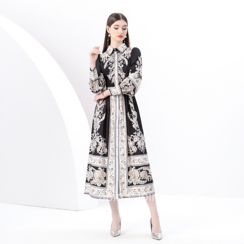6145 Early Spring New Womens Clothing Style Elegance Style Flip Collar Lantern Sleeve Printed Long Dress
