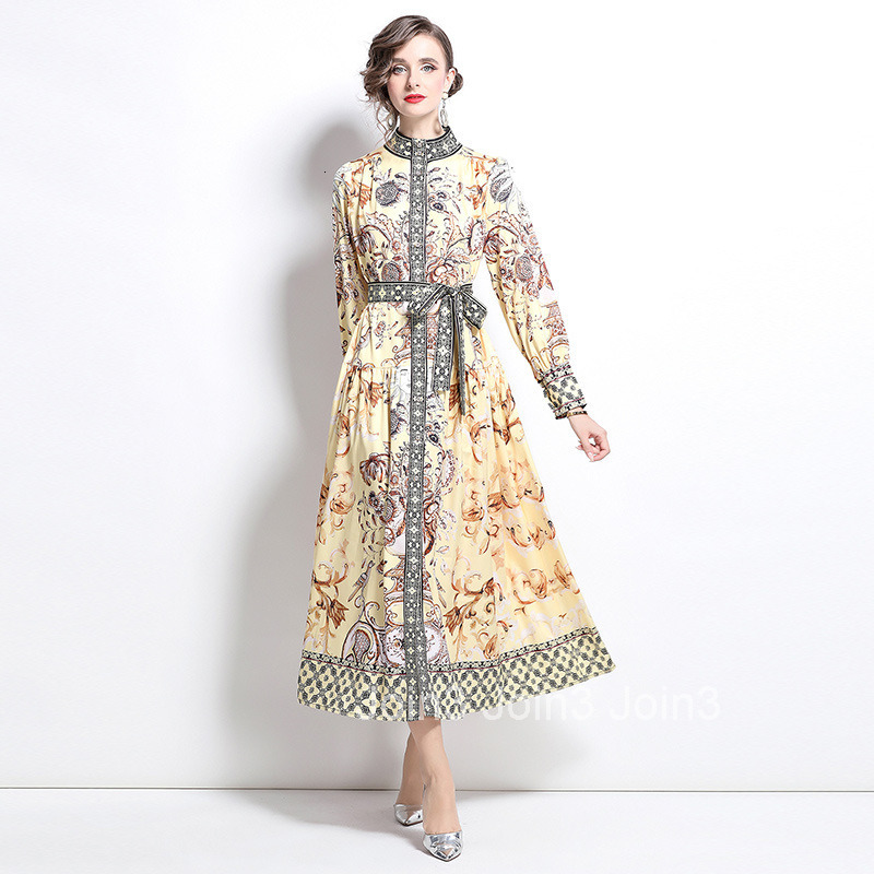 6086 Autumn New Womens Clothing Style Fashionable Elegance Style Stand up Collar Printed Large Swing Long Dress