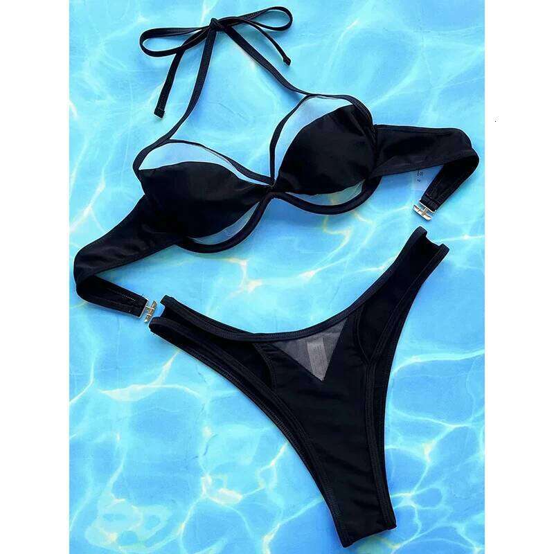 Mesh See Through Set Women Swimwear Bandage High Cut Thong Split Swimsuit 2025 New Bikini Push Up Sexy Two Pieces Sets