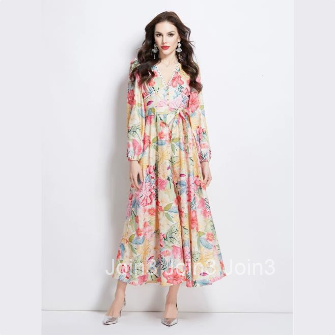 2708 Spring and Summer New Watercolor Floral Long Sleeve Long Dress
