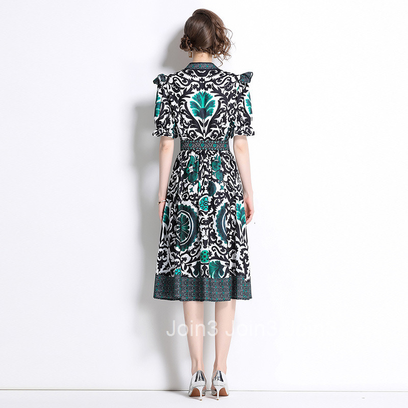 8751 Fashion Elegance Style Stand Collar Single-Breasted Printed Dress