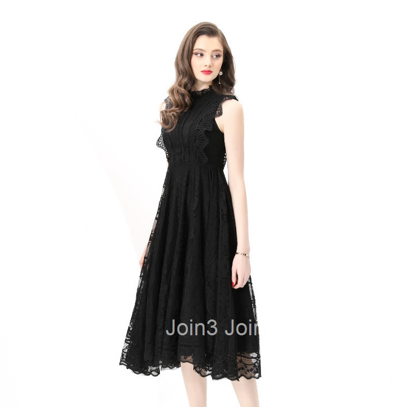 8832 Spring Summer New Womens Vacation Round Neck Gathered Lace Sleeveless Trim Midi Dress