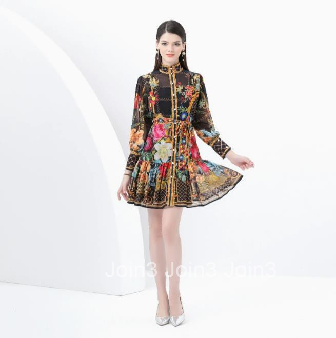6076 Early Spring Deep Stand Collar Lantern Sleeve Wave Hem Wide Hem Painted Print Long Dress Two-Piece Set