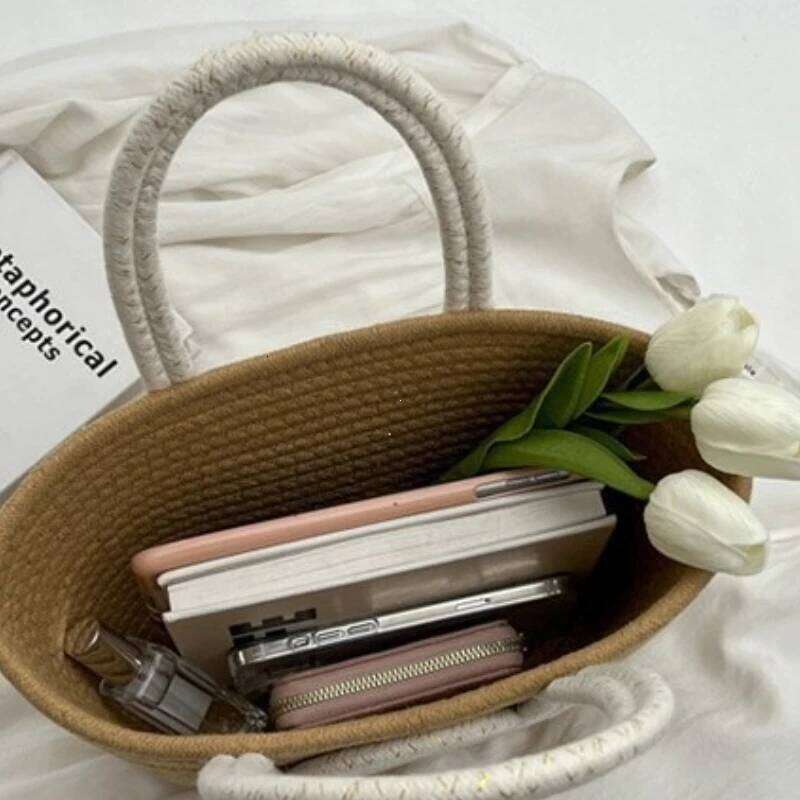 Women's Bags Designer Woven Simple Folded Straw Handbag Diagonal Holiday Cotton Rope Commuting Tote Bag For Women