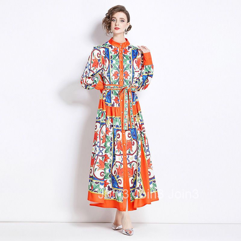 2079 Summer New Womens Fashion Stand Collar Single-Breasted Tie Printed Long Dress