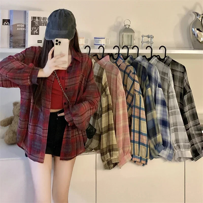 Top Sheer Chiffon Plaid Shirt Long Sleeve Button Up Collared Oversize Checked Shirts and Blouse Summer Casual Outfit 250717