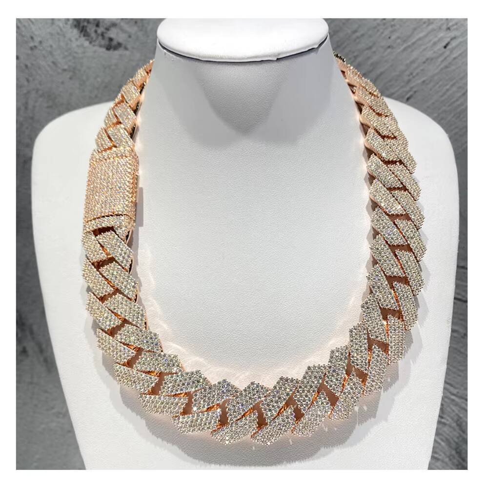 Hip Hop Luxury Miami Cuban Chain 22mm Width Three Rows Moissanites Miami Cuban Prong Set Full Iced Out Cuban Link Chain Necklace