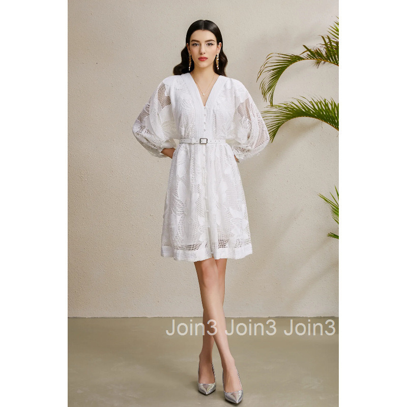 8882 Early Autumn Three-Dimensional Flower Holiday Collar Lace Puff Sleeve Long Dress