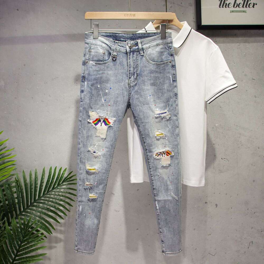 Ripped Jeans for Men Spring 2025 Light Color Slim Fit Stretch Cropped Pants Youth Trendy Ins Paint Splatter 9/10 Length Skinny