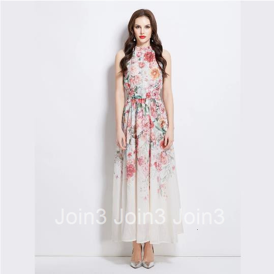 2747 Spring Summer Vacation New Oil Painting Flower Print Halter Neck Long Dress