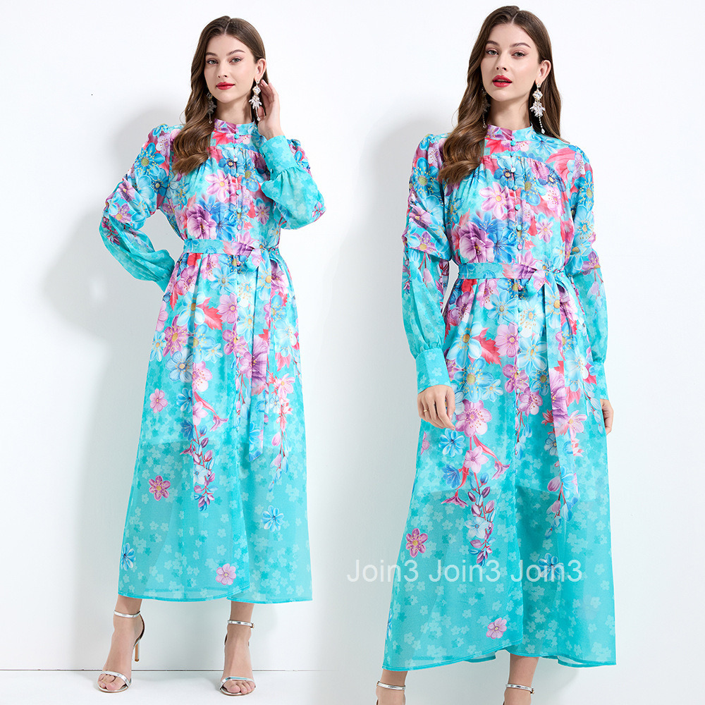 2157 Spring New Womens Fashion Elegant Vacation Style Stand Collar Chiffon Printed Waist-Cinching Long Dress - Two-Piece Set