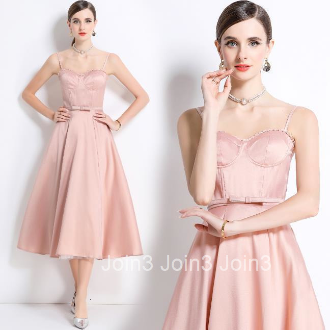 1694 Summer New Fishbone Strap Dress Mesh Large Hem Mid-Length Dress with Chest Pads Underwire and Belt