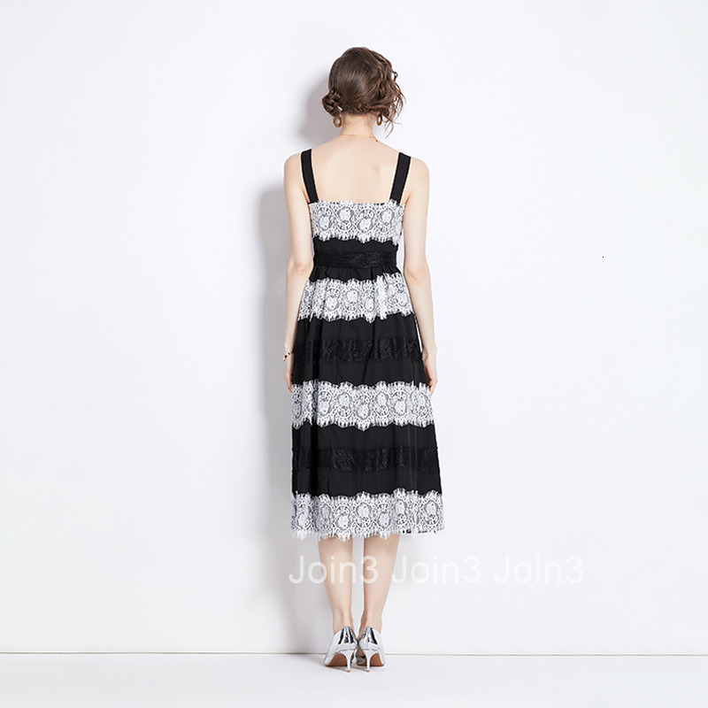 8003 Summer Fashion Show New Lace Splicing Black Long Dress French Elegant Strap Dress for Women