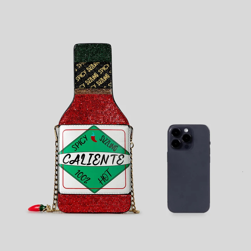 Fashion Rhinestone Bottle Women Shoulder Bags Funny Chili Paste Crossbody Bag Creative Evening Party Phone Purses 250717