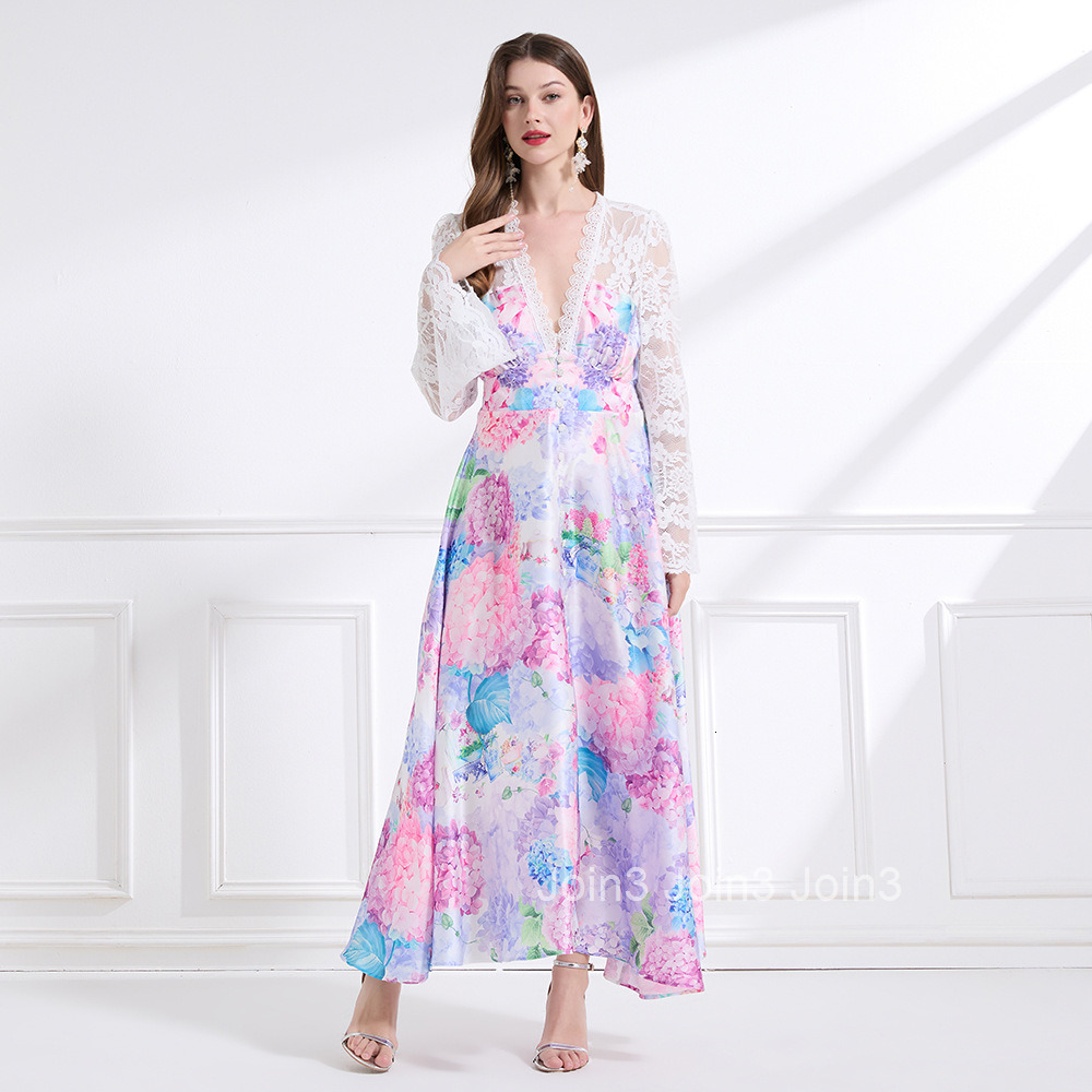 2182 Spring New Womens Fashion Elegant Vacation Style Lace Trim Patchwork Printed Waist-Cinching Long Dress