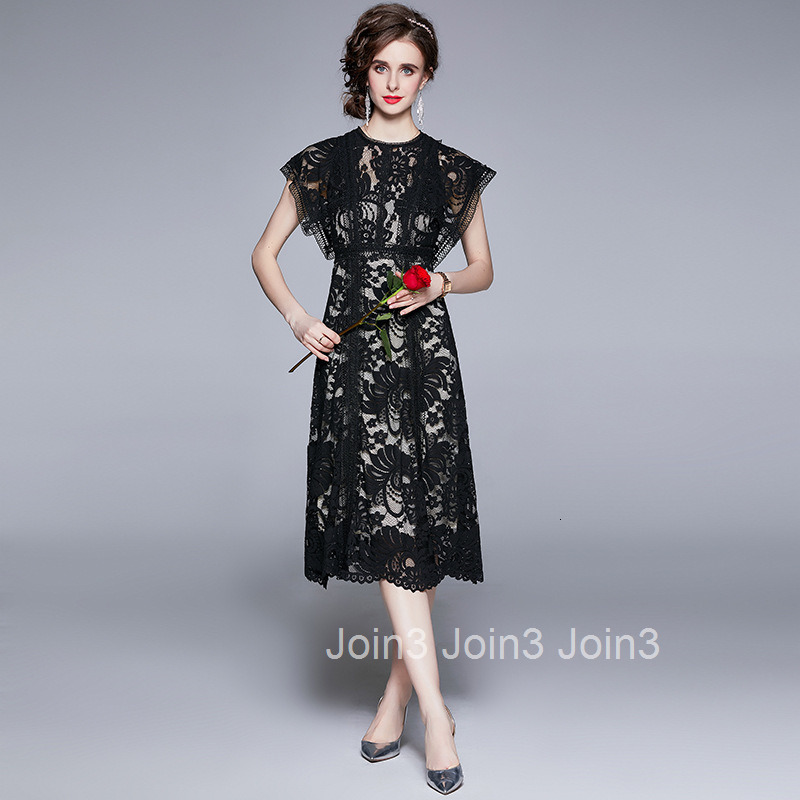 6736 summer womens temperament black hollowed out lace sleeveless slim fit large swing medium length dress