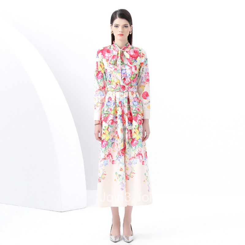 6046 early spring new womens clothing temperament style with ribbon collar lantern sleeves long skirt printed dress