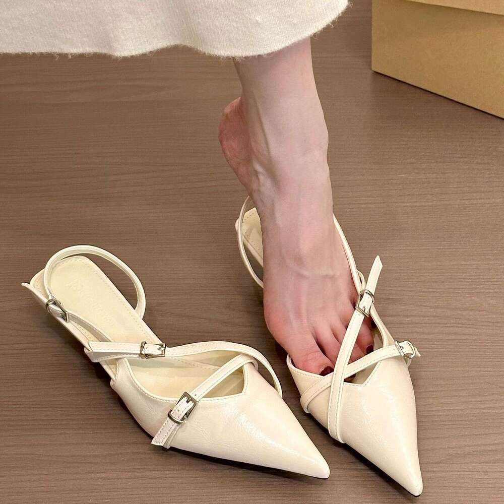 One Second Exquisite Fashion Buckle One-Strap Pointed Toe Open Back Sandals for Women Spring 2025 Commuter Thin Heel Single Shoes