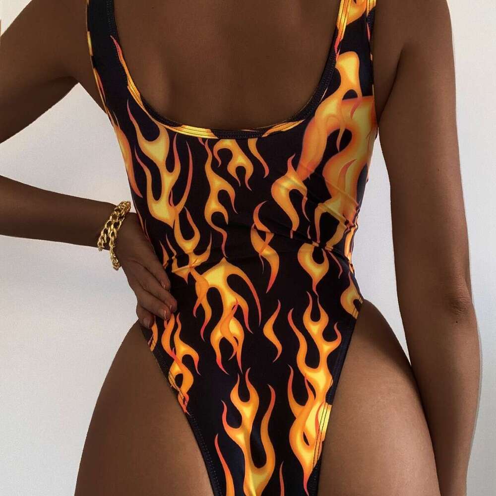 European American Style Flame Pattern One-Piece Sexy Tight Backless Bikini Swimsuit for Women New Elegant and Unique Fashion