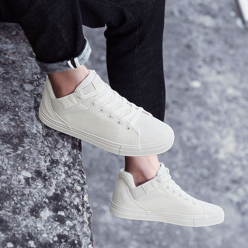 Sneakers for Students, All Black Board Work Summer White Skate Ins Style Men's Canvas Shoes, Trendy Shoes