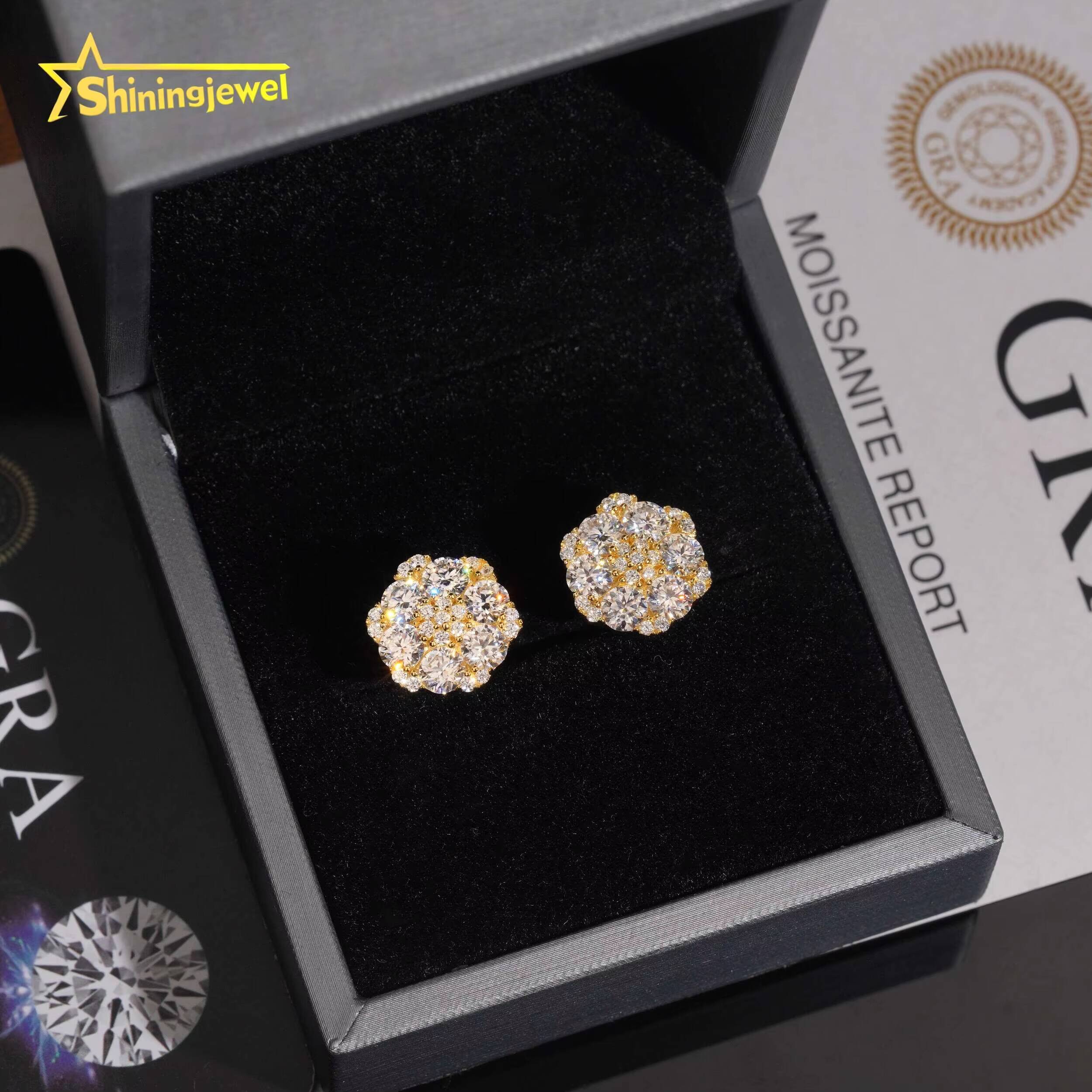 Wholesale Moissanite High Quality 925 Sterling Silver Hip Hop Stud Earrings Iced Out Diamond Mens and Women Flower Earrings