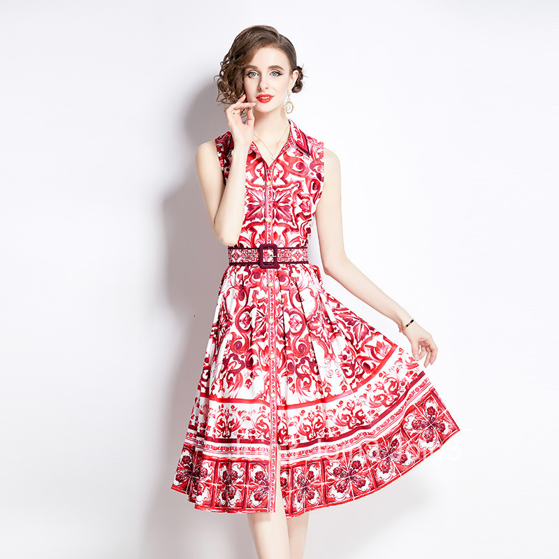 2490 Spring/Summer New Womens Printed Slimming Polo Collar Sleeveless Style Large Swing Mid length Dress