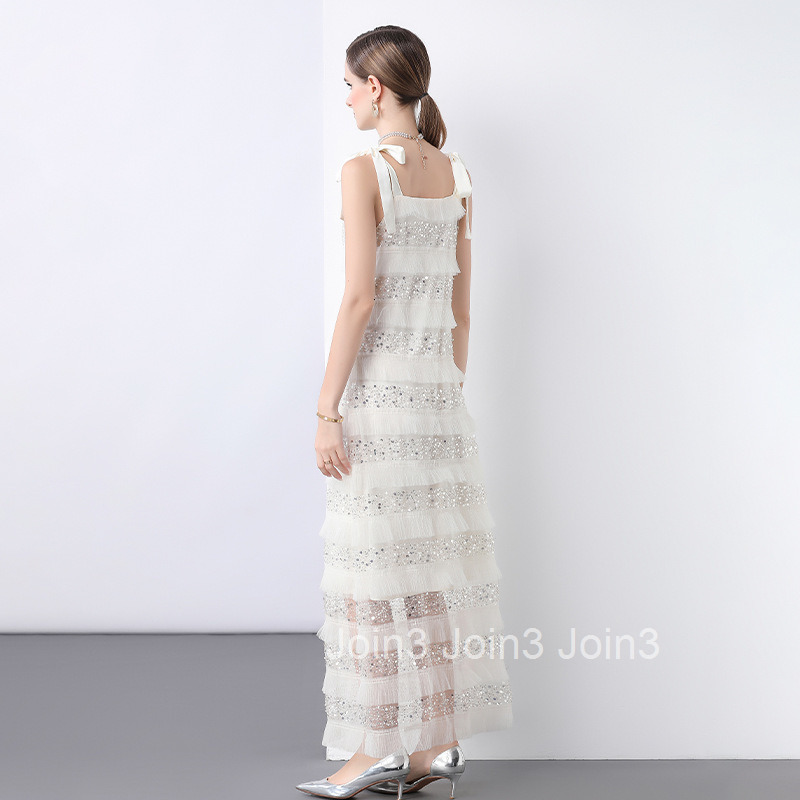 7183 French Style Mesh Cut Ruffle Beaded Sequin Tassel Strap Bowknot Dress Summer